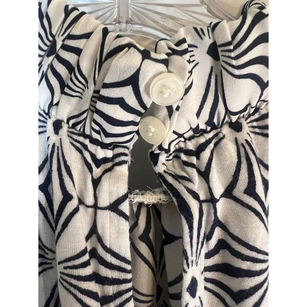 LOFT Navy White Geometric Starburst Puff Sleeve Mock Neck Ruffle Blouse Small